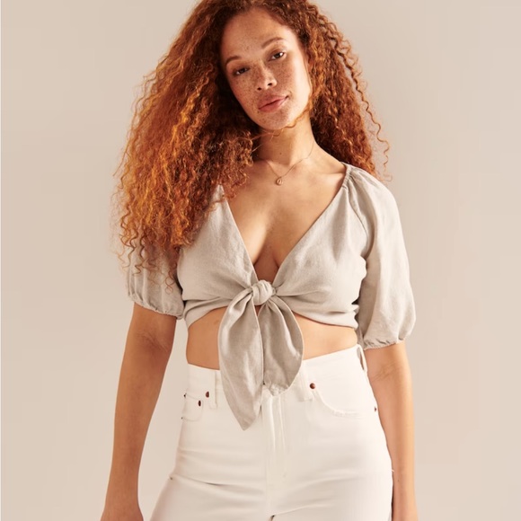 NWT, XS Abercrombie & Fitch cream, linen tie front shirt - Picture 1 of 7